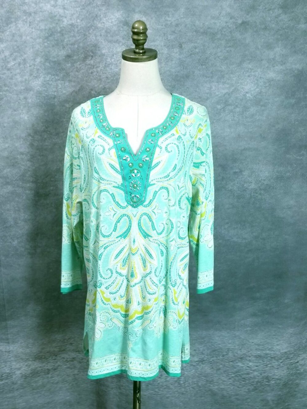 JM Collection Embellished Boho Paisley Tunic Top Size 2X Mint & Seafoam Green